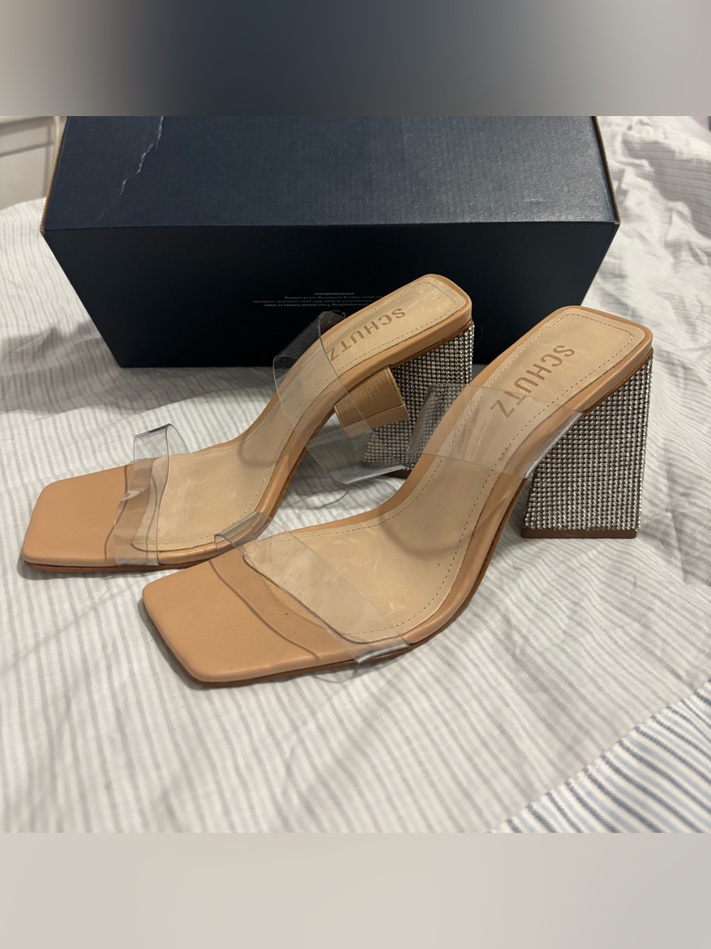 SCHUTZ Nude Clear Strap Crystal Block Heel Sandals